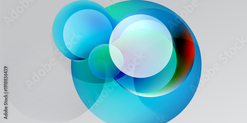 Abstract circles overlap, creating vibrant blue, teal, red gradients. Soft white background enhances visual depth, modern design.