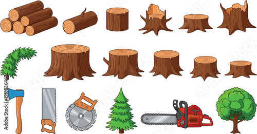 Vector illustration set of forestry icons featuring wood logs stumps chainsaw axe and green trees for lumberjack concepts।