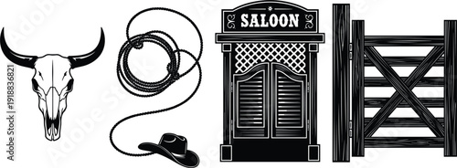 Vector illustration set of wild west icons featuring longhorn skull cowboy hat lasso saloon entrance and wooden gate।