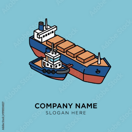 Cargo Ship and Tugboat Vector Illustration.