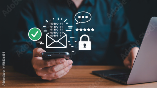 Digital Privacy and Security: An individual interacting with secure digital symbols like lock and email, illustrating the concept of protecting and securing personal information and data.