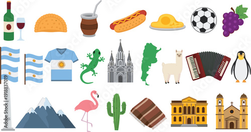 Vector illustration set of Argentina tourism icons including national flag football mate tea and traditional cultural symbols