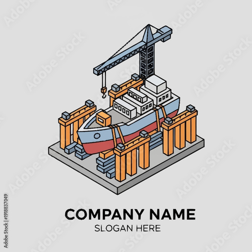 Isometric Cargo Ship with Containers and Crane.
