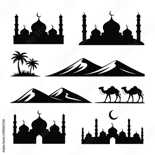 Silhouettes of iconic middle eastern architecture and landscapes isolated on white background, Vector