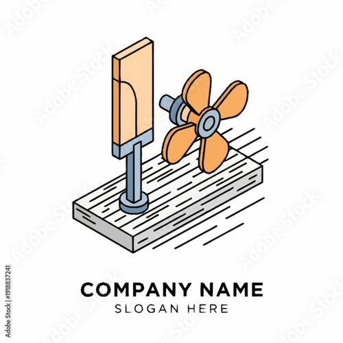Electric Fan on Wooden Base Illustration.