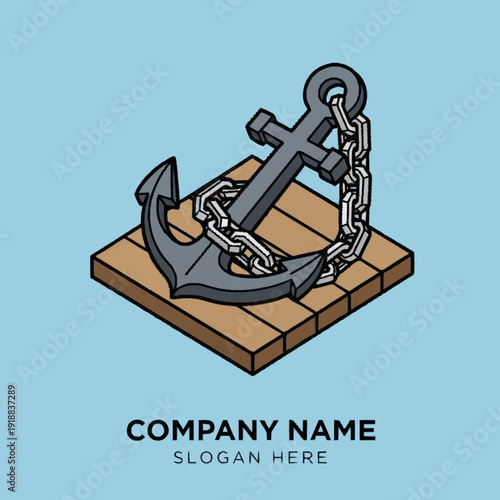 Gray Anchor with Chain on Wood.