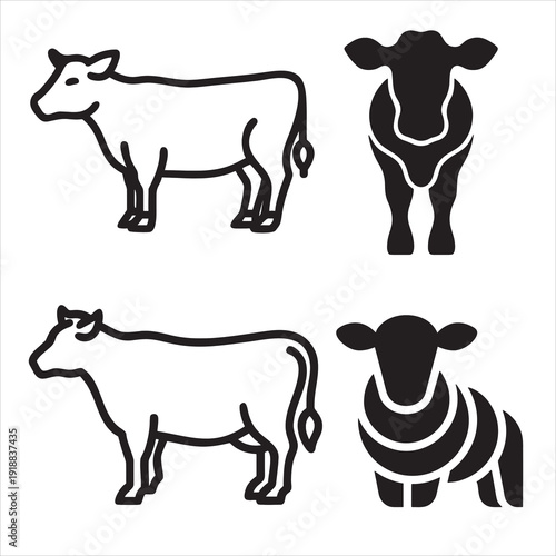 Cute cartoon vector illustration of a farm animals collection featuring a black and white dairy cow, bull, and sheep isolated on nature background for agriculture and milk production art