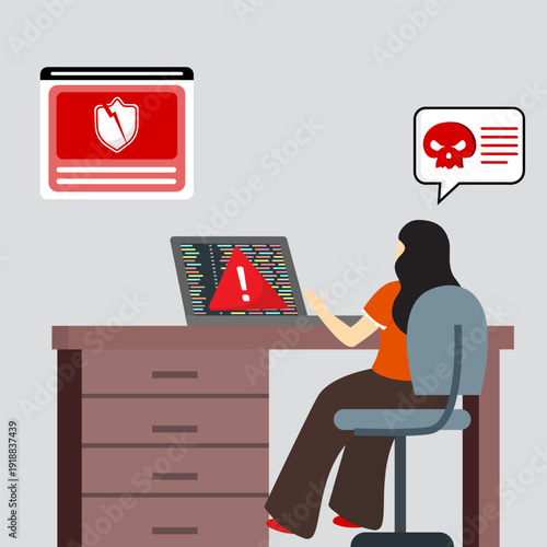 Woman using laptop with malware warning and cyber threat notification, showing online attack risk, data protection issues, and digital security awareness.