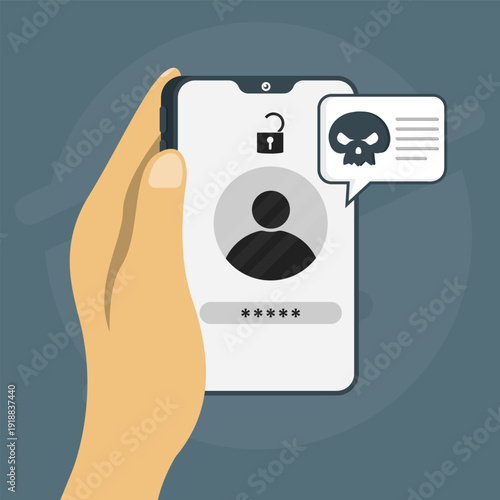 Hand holding a smartphone with a personal account open on the screen and a chat bubble with a skull icon. Concept of account hack, scam alert and hacker attack