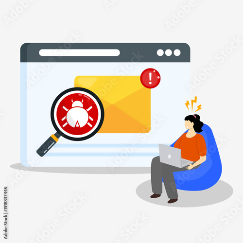 A woman shocked to see laptop screen with detected bug in email. Concept of phishing email, hacker attack and malicious message.