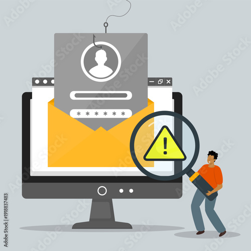 Phishing attack targeting user credentials on computer screen, highlighting personal data theft, email fraud, data breach risks, and hacker attack.