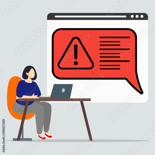 Cyber crime warning alert on computer screen with user working on laptop, representing online threat, data risk, malware notification, and digital security awareness.