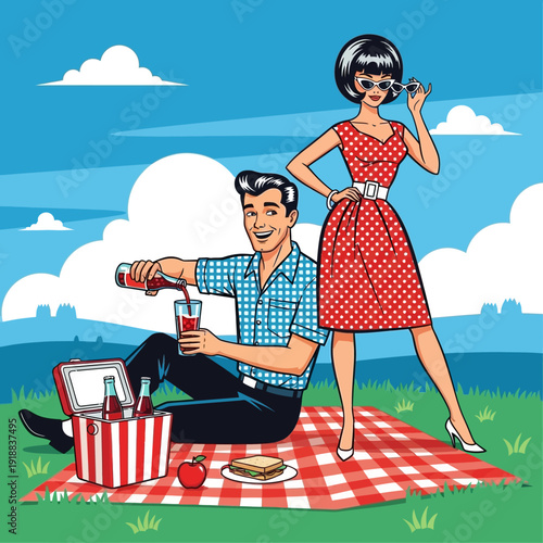 Retro Couple Picnic Pop Art Style, Man Pouring Drink, Woman Posing