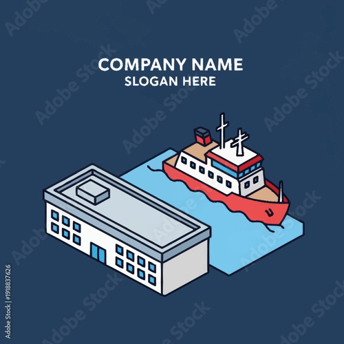 Isometric Illustration of Ship and Building.