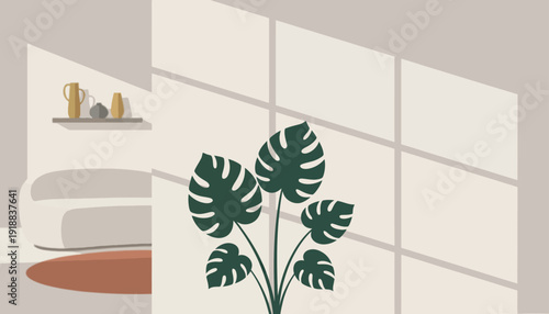 Minimalist interior design featuring a large Monstera plant bathed in natural sunlight, casting soft shadows across a beige wall, creating a serene and cozy atmosphere in a contemporary living space