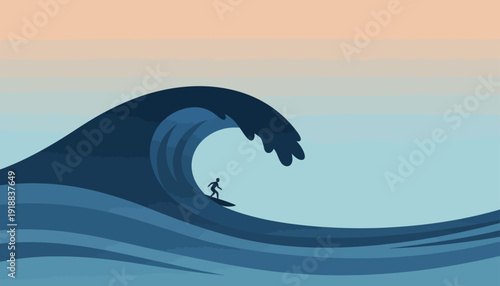 Surfer riding a massive ocean wave against a gradient sky during sunset, depicting adventure and the power of nature