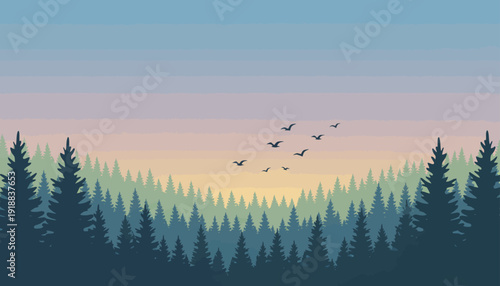 A serene, pixelated landscape illustration of a flock of birds soaring over a dense forest at sunrise