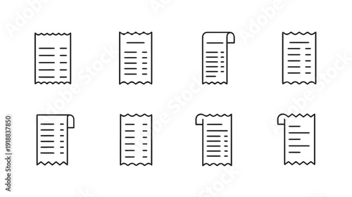 Receipt Icons Set Shopping Bill Line Art Payment Transaction Symbols Simple Financial Records