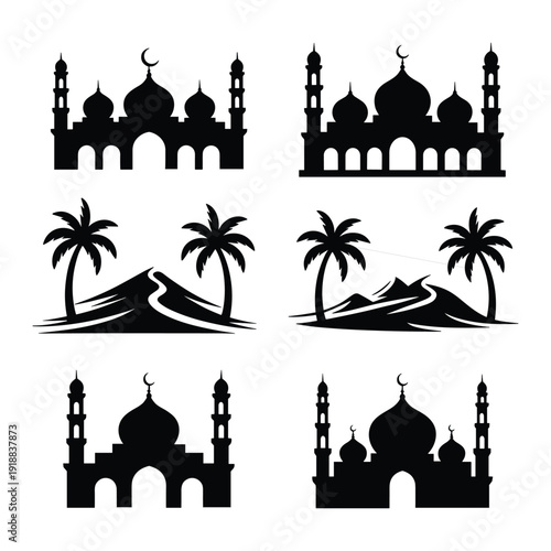 Diverse architectural and natural icons representing middle eastern culture and geography isolated on white background, Vector