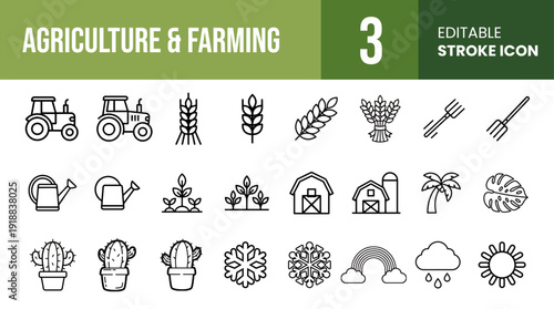 Agriculture, Farming and Nature Editable Stroke Line Vector Icon Set Featuring Tractor, Wheat Harvest, Barn, Weather and Eco Friendly Botanical Garden Plants