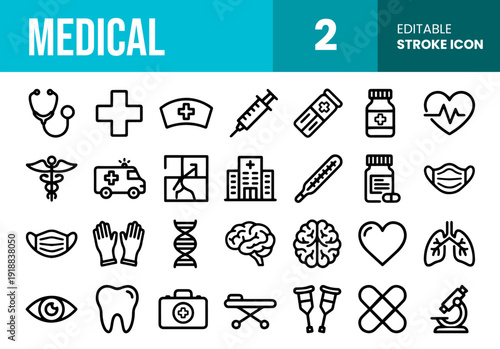 Healthcare, Hospital and Medical Science Editable Stroke Line Vector Icon Set Including Stethoscope, DNA, Microscope, Syringe and Organs for Clinic Web Design