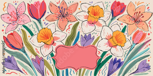 Hand Painted Style Spring Floral Illustration with Orange Lilies, White Daffodils and Purple Crocus Modern Pastel Botanical Poster
