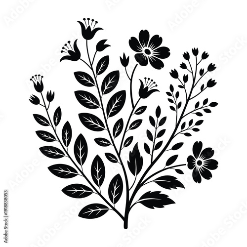 Black and white illustration of a flowering plant with leaves and blooms