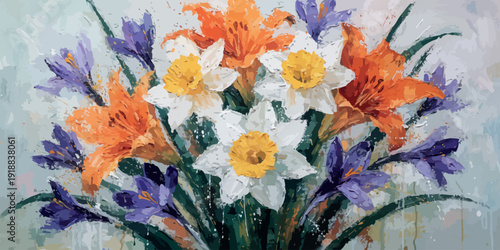 Hand Painted Spring Floral Illustration featuring a vibrant bouquet of orange lilies, white daffodils, and purple crocuses in a modern pastel botanical style