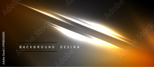 Abstract design features bright lines, gradients. Dark background contrasts with golden, white illumination. Minimalist style, modern aesthetic.