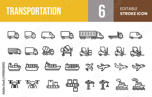 Logistics, Transportation and Global Delivery Vehicles Editable Stroke Line Vector Icon Set Including Cargo Trucks, Shipping Vessels, Airplanes, Drones and Forklifts