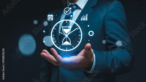 Time Management: A well-dressed individual presents a glowing hourglass and clock, encapsulating the essence of time management in a modern, professional setting.