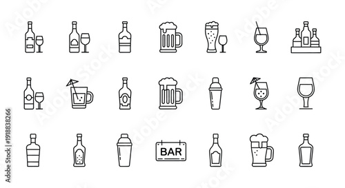 Collection of minimalist black line icons representing various alcoholic beverages and bar essential tools
