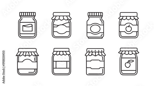 Set of eight jam jars with decorative lids and fruit icons line art illustration isolated on white