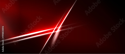 Abstract red background. Bright lines intersect creating dynamic visual effect. Dark areas contrast with glowing elements.