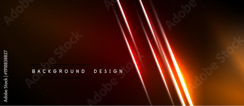 Dark background features vibrant orange neon lines. Minimalist design with text background design present. Dramatic lighting creates depth.