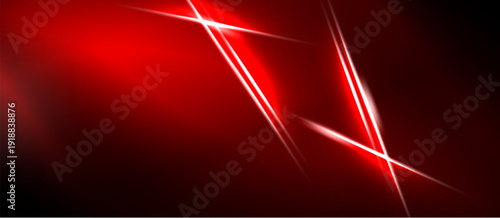 Abstract red background. Bright lines intersect, creating dynamic visual effect. Dark areas contrast vibrant illumination.