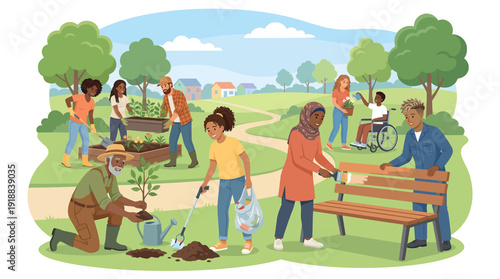 Diverse community volunteers planting trees and cleaning park, environmental and inclusion concept vector illustration
