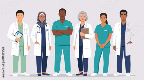 Diverse healthcare team portrait lineup, multicultural doctors and nurses standing together vector illustration