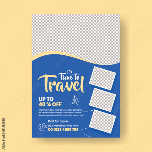 travel agency travel poster A4 print ready flyer design, summer vacation tour promotion vector template for holiday marketing, editable travel leaflet and brochure cover design