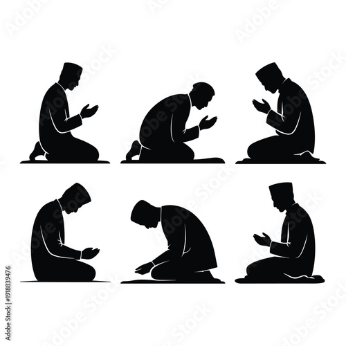 Silhouettes of people engaged in prayer and meditation in various postures isolated on white background, Vector