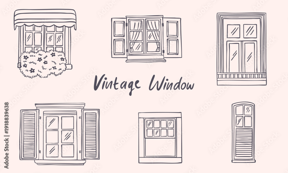 Naklejka premium vintage windows hand drawn line art sketch collection set