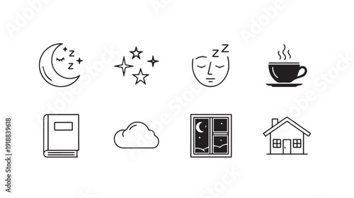 Sleep Icons: Moon Stars Face Coffee Book Cloud Window House