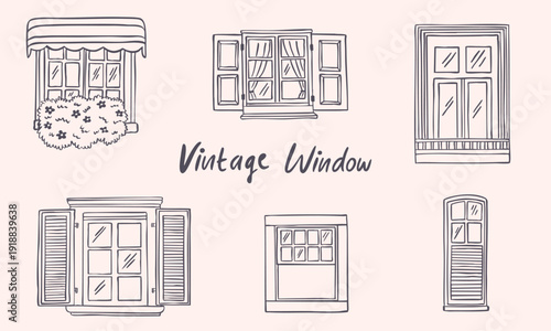 vintage windows hand drawn line art sketch collection set