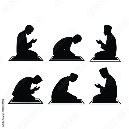 Silhouettes of people in various prayer positions on prayer mats isolated on white background, Vector