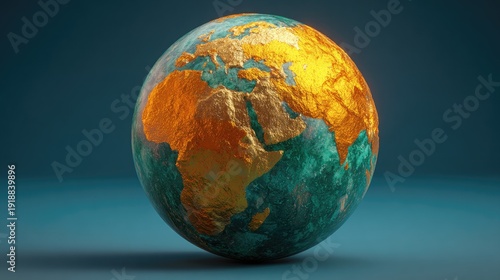 Three dimensional representation of the planet features textured golden continents upon an ocean surface.