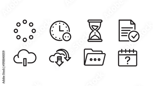 Thin Line Icons Set: Loading Clock Hourglass Document Cloud Folder Calendar