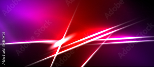 Abstract background features vibrant pink, red hues. Diagonal lines create dynamic energy, bright light effects present.