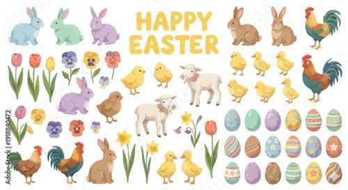 Colorful happy easter set with cute animals spring flowers and decorated eggs in flat style