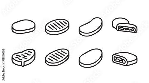 Various Meat Cuts Icons Isometric View Outline Style