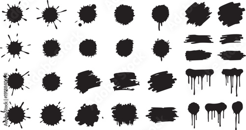 Ink splats and paint brush strokes collection in black silhouette on checkered background